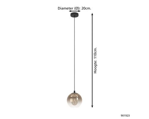 Hanglamp met een diameter van 20 cm en een hoogte van 110 cm.