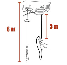 Technische tekening van een elektrische takel met een hefhoogte van zes meter en een kabellengte van drie meter.
