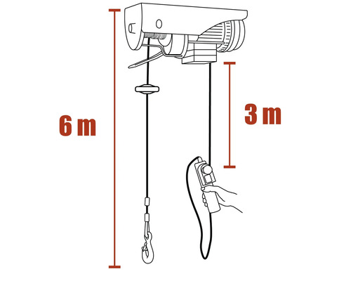 Technische tekening van een elektrische takel met een hefhoogte van zes meter en een kabellengte van drie meter.