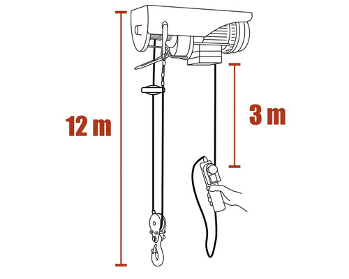 Tekening van een elektrische takel met een hefhoogte van 12 meter en een bedieningskabellengte van 3 meter