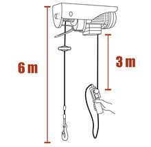 Tekening van een elektrische takel met een hefhoogte van 6 meter en een bedieningskabellengte van 3 meter.