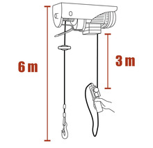 Tekening van een takel met een hefhoogte van 6 meter en een besturingskabellengte van 3 meter