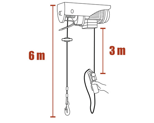 Tekening van een takel met een hefhoogte van 6 meter en een besturingskabellengte van 3 meter