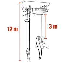 Tekening van een elektrische takel met een kabellengte van 12 meter en een bedieningskabellengte van 3 meter.