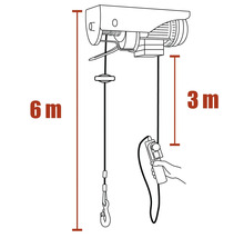 Tekening van een elektrische takel met een kabellengte van 6 meter en een kabellengte van 3 meter