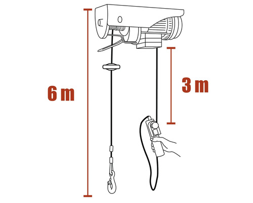 Tekening van een elektrische takel met een kabellengte van 6 meter en een kabellengte van 3 meter