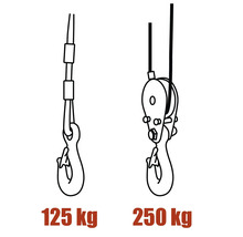 Tekening van een kettingtakel met een maximaal draagvermogen van 125 kg en 250 kg