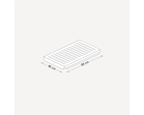 Illustratie van een douchegoot met afmetingen van 40 cm x 69 cm.