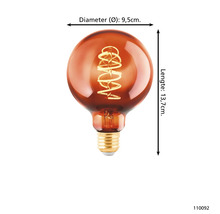 Decoratieve lamp met gloeidraad en de afmetingen: diameter 9,5 cm, lengte 13,7 cm