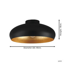 Zwarte plafondlamp met goudkleurige binnenkant, diameter 40 cm