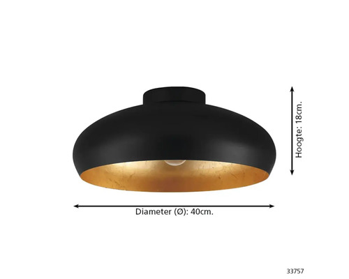 Zwarte plafondlamp met goudkleurige binnenkant, diameter 40 cm