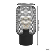Zwarte tafellamp van metaaldraad met gloeilamp en de afmetingen diameter 15 centimeter en hoogte 28,5 centimeter.