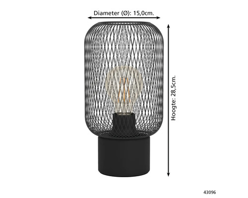 Zwarte tafellamp van metaaldraad met gloeilamp en de afmetingen diameter 15 centimeter en hoogte 28,5 centimeter.
