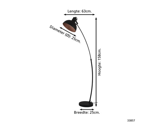 Staande lamp met de afmetingen lengte 63 centimeter, diameter 25 centimeter, breedte 25 centimeter en hoogte 158 centimeter