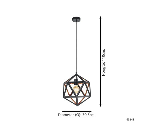 Decoratieve hanglamp met geometrisch design, hoogte 110 cm, diameter 30,5 cm.