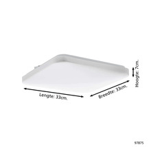 Vierkante plafondlamp met een lengte en breedte van 33 cm en een hoogte van 7 cm.