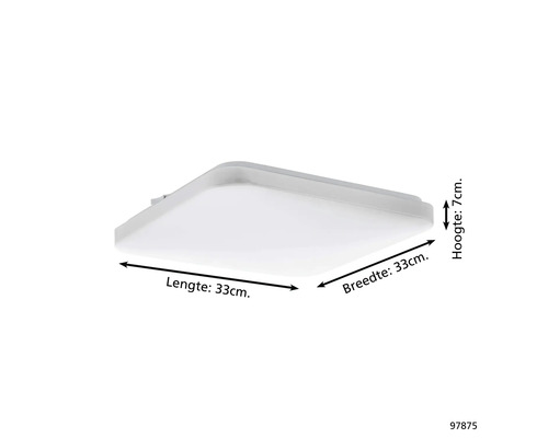 Vierkante plafondlamp met een lengte en breedte van 33 cm en een hoogte van 7 cm.