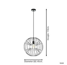 Hanglamp met bolvormige lampenkap van metaaldraad, diameter 45 cm, hoogte 110 cm