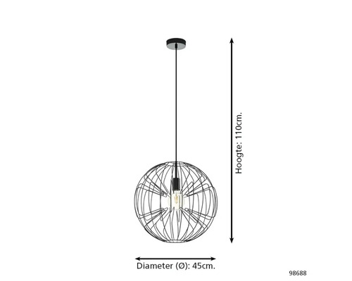 Hanglamp met bolvormige lampenkap van metaaldraad, diameter 45 cm, hoogte 110 cm