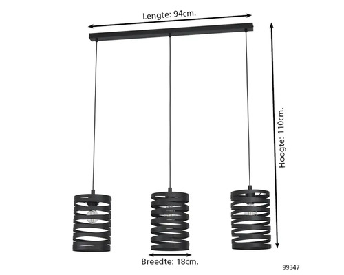 Hanglamp met drie lampen, lengte 94 cm, breedte 18 cm, hoogte 110 cm
