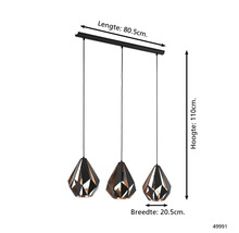 Hanglamp met drie geometrische lampenkappen en maatvoering