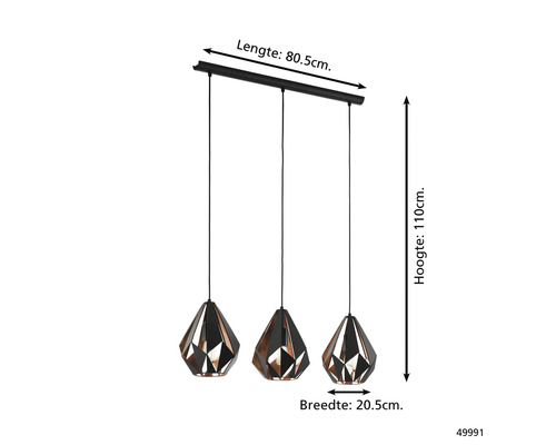 Hanglamp met drie geometrische lampenkappen en maatvoering