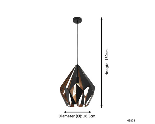 Geometrische hanglamp met een hoogte van 150 cm en een diameter van 38,5 cm.