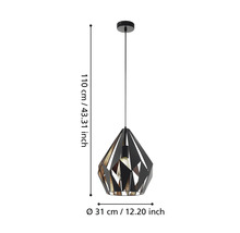Zwarte hanglamp met geometrisch design en afmetingen van 110 cm hoogte en 31 cm diameter.