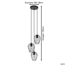 Hanglamp met drie lampen in kooiconstructie, diameter 38 cm, hoogte 130 cm