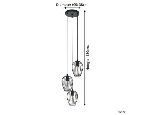 Hanglamp met drie lampen in kooiconstructie, diameter 38 cm, hoogte 130 cm