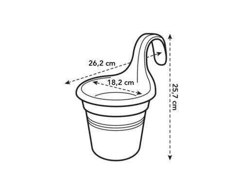 Afbeelding van een hangpot met afmetingen: 26,2 cm breed, 25,7 cm hoog, 18,2 cm binnendiameter
