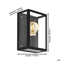 Zwarte wandlamp met gloeilamp en afmetingen