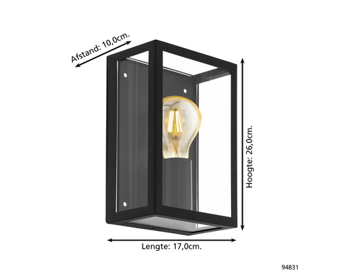 Zwarte wandlamp met gloeilamp en afmetingen