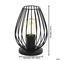 Zwarte tafellamp met draadframe en de volgende afmetingen: hoogte 23 cm, diameter 16 cm.