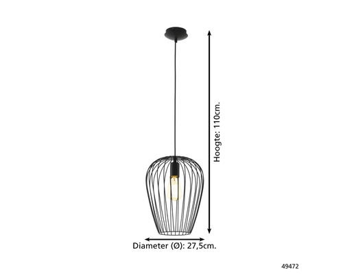 Hanglamp met een diameter van 27,5 cm en een hoogte van 110 cm.