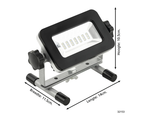 LED-bouwlamp met afmetingen: hoogte 10,5 cm, breedte 11,5 cm en lengte 14 cm.