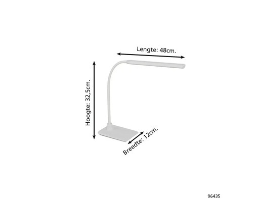 Afbeelding van een bureaulamp met de afmetingen 48 cm lengte, 32,5 cm hoogte en 12 cm breedte.