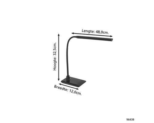 Bureaulamp met flexibele arm en de afmetingen hoogte 32,5 cm, lengte 48,0 cm en breedte 12,0 cm.