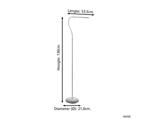 Staande lamp met een hoogte van 130 cm, een lengte van 53,5 cm en een diameter van 21 cm