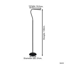 Afbeelding van een staande lamp met de afmetingen lengte 53,5 cm, hoogte 130 cm en diameter 21 cm.