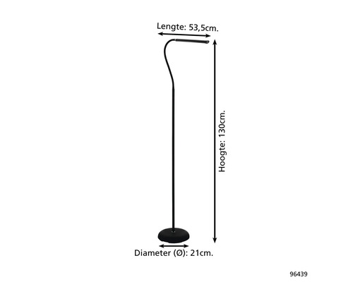 Afbeelding van een staande lamp met de afmetingen lengte 53,5 cm, hoogte 130 cm en diameter 21 cm.