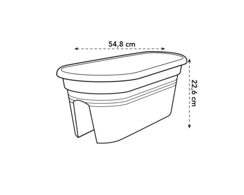 Afbeelding van een balkonbak met de afmetingen 54,8 cm breed en 22,6 cm hoog.