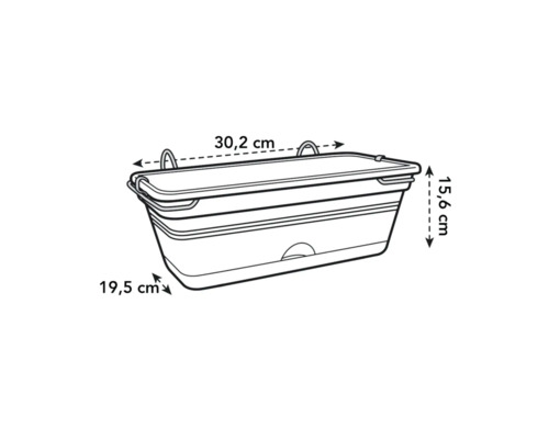Afbeelding van een bloembak met afmetingen.