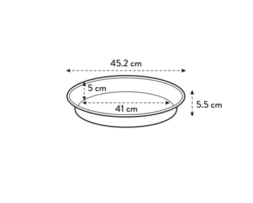 Tekening van een plantenschaal met afmetingen van 45,2 cm lengte, 41 cm breedte en 5,5 cm hoogte