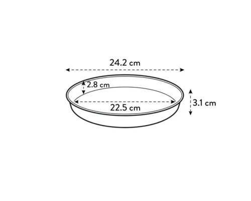 Schets van een ronde plantenschaal met afmetingen