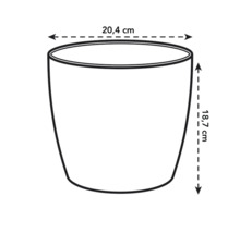 Schets van een plantenbak met afmetingen van 20,4 cm breed en 18,7 cm hoog