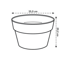 Schets van een bloempot met afmetingen van 35,0 cm breed en 20,2 cm hoog.