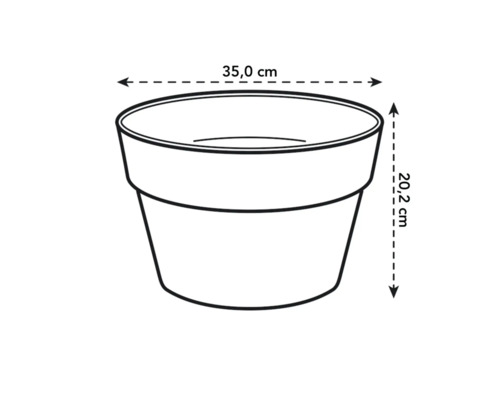 Schets van een bloempot met afmetingen van 35,0 cm breed en 20,2 cm hoog.