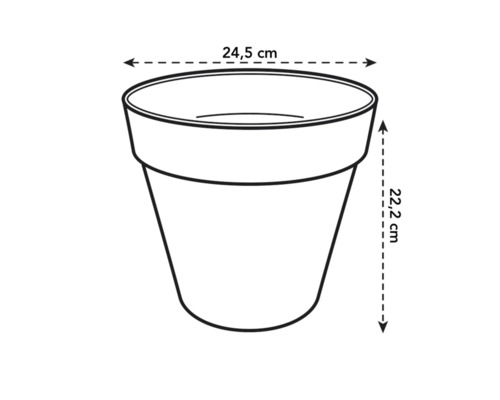 Afbeelding van een bloempot met de afmetingen 24,5 cm breed en 22,2 cm hoog.
