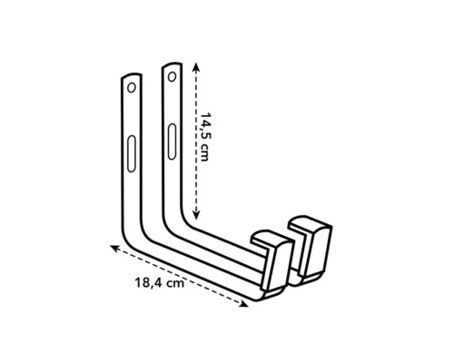 Illustratie van twee wandhaken met maatvoering 14,5 cm en 18,4 cm.